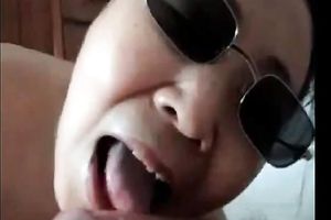 Chubby Asian milf in sunglasses blows curly white knob of her fellow