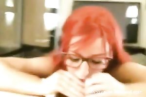Adorable redhead hipster girl with glasses blowing cock