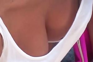 Coed's charming tank top cleavage as that babe talks on a phone