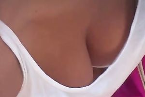 Coed's charming tank top cleavage as that babe talks on a phone