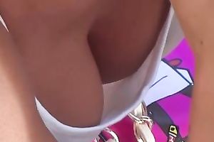 Coed's charming tank top cleavage as that babe talks on a phone