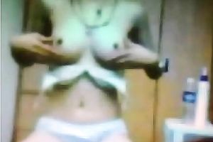 Skinny brunette hair student flashes her large firm boobs on livecam