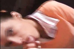 Cute brunette hair fully dressed blows schlong on POV sex movie