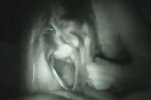 Seductive golden-haired bimbo with nice-looking face gives me night time oral job