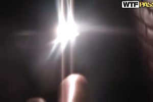 POV video of youthful blondie Sarah engulfing ramrod in public restroom