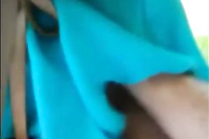 Natural black haired nympho in blue blouse rides pecker outdoors