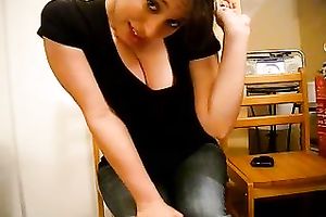 My wondrous brunette hair sits on the chair and flashes her large boobies