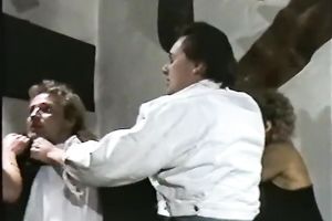 Hot and fascinating classic white whores having orgy on the bed