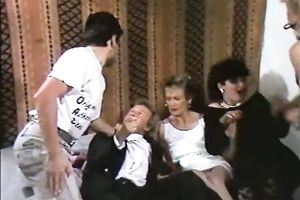 Hot and fascinating classic white whores having orgy on the bed