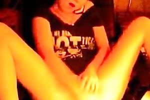 Slender quite leggy honey in dark T-shirt was teasing her cum-hole
