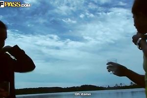 Russian beauty Sarah and her ally having pleasure in forest