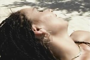 Horny black skin exotic brunet fingered by the pool outside
