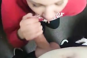 Pretty light haired gal in red hoodie receives busy with engulfing stiff wang