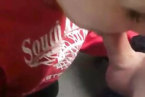 Pretty light haired gal in red hoodie receives busy with engulfing stiff wang