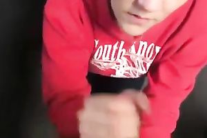 Pretty light haired gal in red hoodie receives busy with engulfing stiff wang