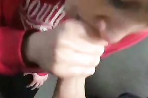Pretty light haired gal in red hoodie receives busy with engulfing stiff wang