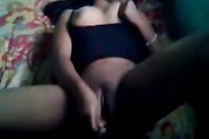 Busty bombshell masturbating with large sex tool in front of me