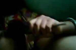 Busty bombshell masturbating with large sex tool in front of me