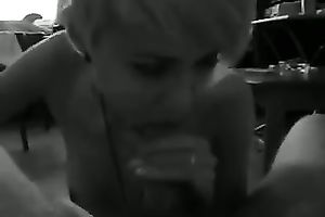 My short-haired Russian friend shows her blowjob skills to me