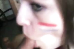 Light haired immodest wench with unattractive mouth gives beefy pecker engulf