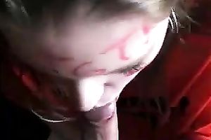 Light haired immodest wench with unattractive mouth gives beefy pecker engulf