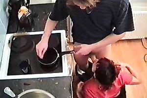 Sexy milf with shaggy snatch hitting on a youthful fellow in the kitchen