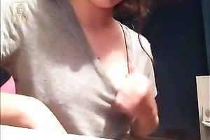 Light haired gal pulled down her grey T-shirt to expose her enjoyable boobies