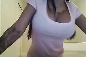 Busty and slender legal age teenager hottie jiggles her meatballs on web camera