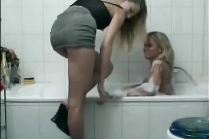 Hot golden-haired milf is slutty for a blonde legal age teenager in the bathroom tub