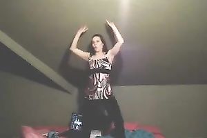 Energetic brunette hair sweetheart hops on her couch fully in nature's garb