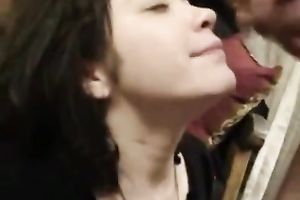 Filthy and gorgeous whore with priceless face receives a cumshots on her face