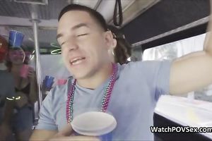 Bikini chick blows on party bus