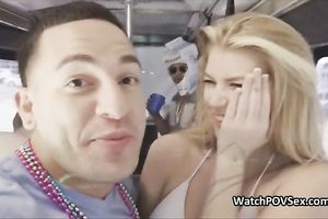 Bikini chick blows on party bus