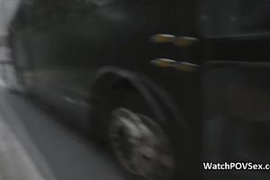 Bikini chick blows on party bus