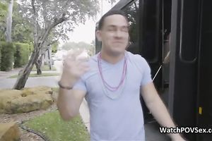 Bikini chick blows on party bus