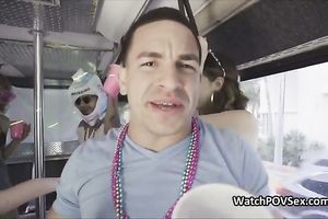 Bikini chick blows on party bus