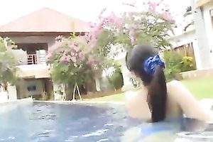Attractive Japanese amateur wife swimming in hot blue swimsuit