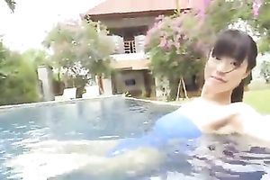 Attractive Japanese amateur wife swimming in hot blue swimsuit
