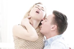 Magnificent and recent golden-haired cutie fingered on the daybed and fed with a dong