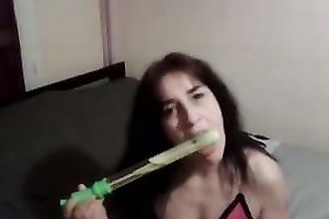 Emotional black haired ex-GF of my buddy likes fucking with sex toy