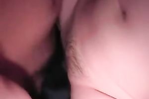 Amateur Asian doxy take not so big shlong in her hirsute vagina