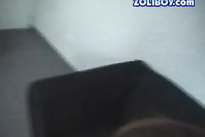 Slender brown haired cutie blows hairless ramrod and takes facial