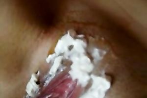 Kinky wicked brunette nympho was using banana and cake for her excited solo