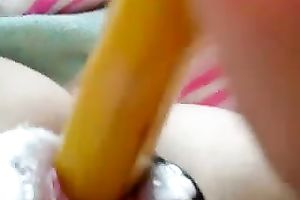 Kinky wicked brunette nympho was using banana and cake for her excited solo