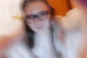 Pigtailed nerdy brunette girlie naked her mambos and masturbated on mirror