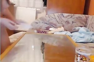 Pigtailed nerdy brunette girlie naked her mambos and masturbated on mirror