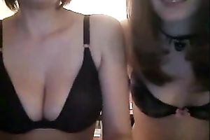 Two slim cuties pose in their dark bras on web camera for me merely