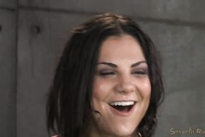 Hogtied jaw dropping dark brown sweetheart acquires face hole group-fucked and teased with toy