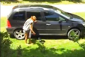 Sexy svelte ginger street slut masturbates in a field