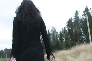 Brunette young white Russian housewife squats and piddles outdoors